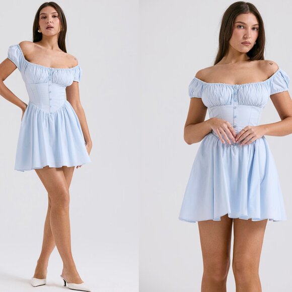 House of CB Dresses & Skirts - HOUSE OF CB 'Nala' Soft Blue Cotton Gathered Mini Dress NWOT